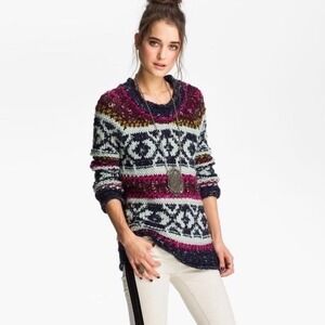 FREE PEOPLE Silver Reed Chunky Knit Fairisle Fair Isle Sweater Wool Linen Small